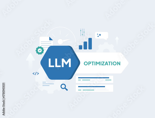 LLM SEO concept illustrating large language model optimization for AI search engines using intent and context analysis to improve content relevance, search visibility, user trust, vector illustration