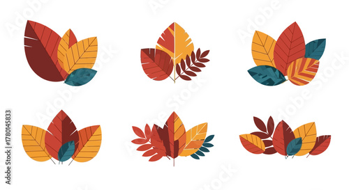 Set of Autumnal Leaf Clusters Decorative Foliage for Seasonal Designs