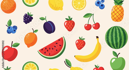 A colorful pattern of various fresh fruits illustrated in a flat cartoon style on a light background.