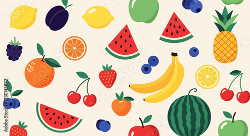 Quadro em tela A vibrant and colorful assortment of various fresh fruits, including lemons, watermelons, bananas, oranges, apples, and berries, scattered on a light background