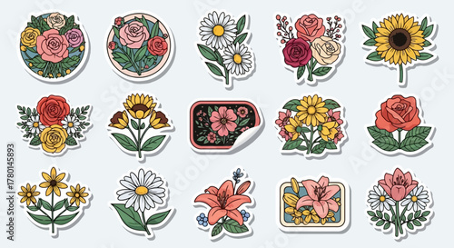 Floral Sticker Set with Roses, Sunflowers, and Daisies for DIY Crafts