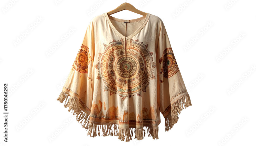 Fototapeta premium boho-chic tunic with hand-printed mandala designs and fringe detailing, natural cotton, isolated on transparent background, PNG format