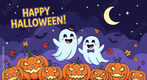 Cute Halloween Scene with Ghosts, Pumpkins and Autumn Leaves