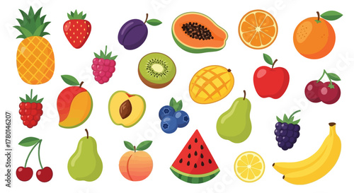 A vibrant and colorful collection of various cartoon-style fruits and berries isolated on a white background.