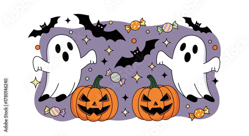 Spooky Halloween Scene with Ghosts, Pumpkins, and Bats Illustration