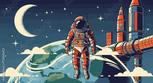 Astronaut Drifting Above Earth A Retro-Futuristic Space Adventure