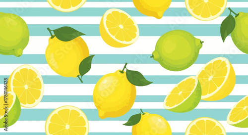 Seamless pattern of fresh yellow lemons and green limes, whole and sliced, on a light blue and white striped background.