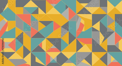 Geometric abstract pattern featuring triangles in various colors, creating a visually dynamic composition.