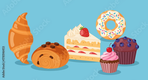 Assortment of Freshly Baked Pastries Croissant, Swirl, Cake, Donut, and Muffin