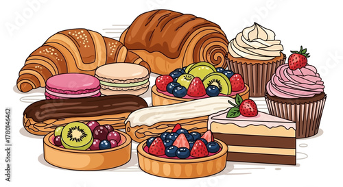 Delicious pastries and desserts collection including croissants, macarons, fruit tarts, eclairs, cupcakes, and cake slice