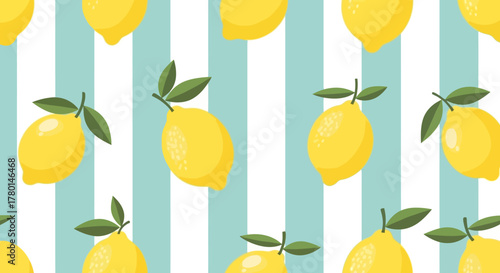 Seamless pattern of fresh yellow lemons with green leaves on a light blue and white striped background.