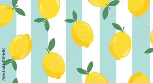 A vibrant and refreshing seamless pattern featuring bright yellow lemons with green leaves against a background of alternating light blue and white vertical stripes.