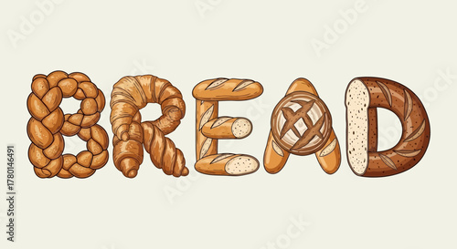 Artistic bread lettering, baking-themed illustration, delicious bakery goods formed into the word BREAD