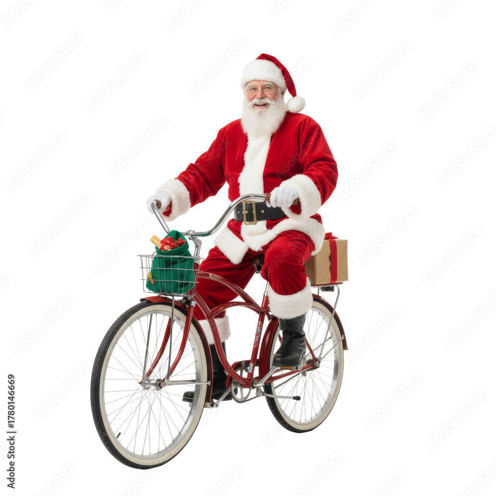 Fototapeta premium PNG cut out isolated background. A studio shot of a cheerful Santa Claus riding a vintage red cruiser bicycle loaded with wrapped Christmas gifts in both the front wicker basket and on the rear rack.