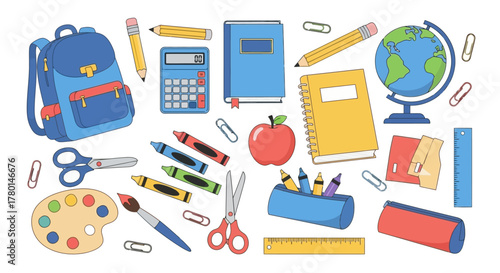 School Supplies Flat Lay Backpack, Books, and Stationery Vector Illustration