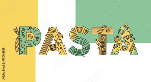 Colorful illustration of the word "PASTA" with each letter filled with pasta-related imagery.