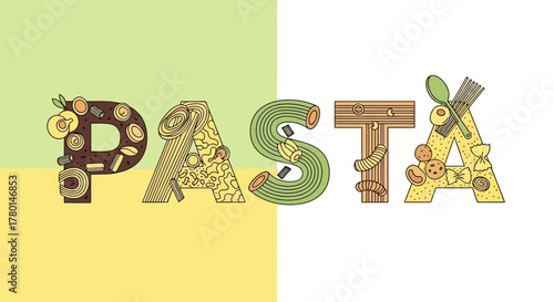 Colorful illustration of the word "PASTA" with each letter creatively designed with food elements.