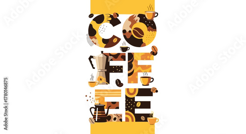 A creative typographic illustration of the word COFFEE composed of various coffee-related elements and patterns.