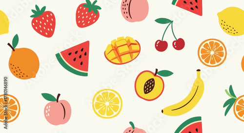 A vibrant and colorful pattern of various fresh fruits like strawberries, watermelons, oranges, lemons, mangoes, peaches, cherries, and bananas.