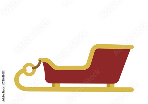 フラットな赤と金のソリ/冬のギフトを運ぶシンプルなイラスト