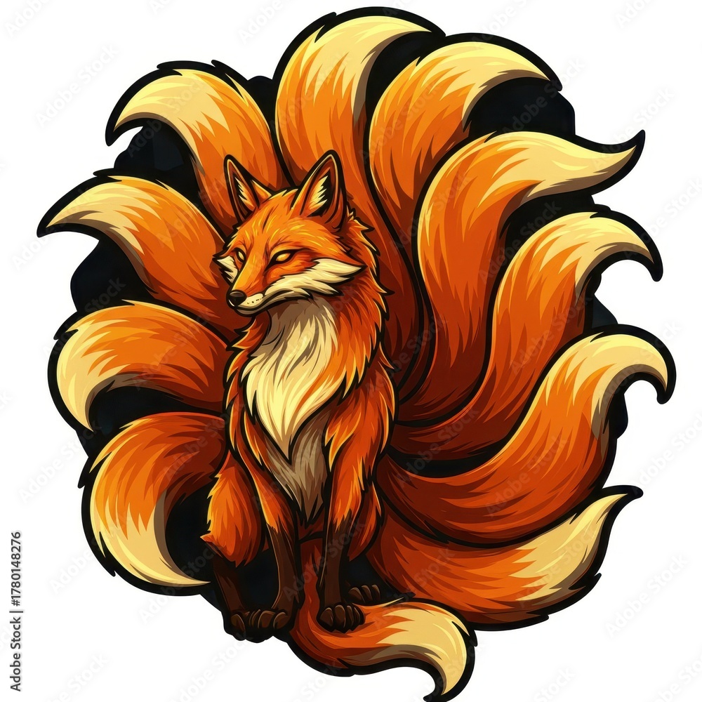 Naklejka premium Mystical creature illustration features a majestic fox with multiple flowing tails