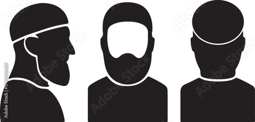 Muslim man silhouette icon set front, side, and back view vector illustration