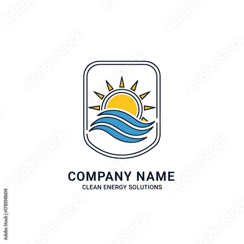 Solar energy company logo with sun and ocean waves design.