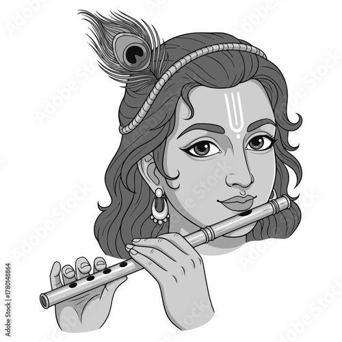 Krishna illustration vector, Krishna grayscale, holds a flute
