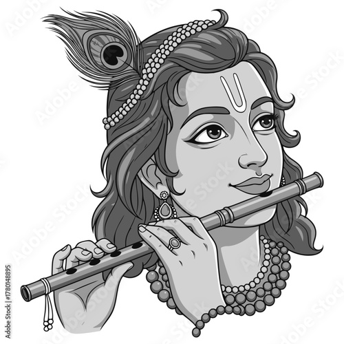 Krishna vector illustration, Krishna grayscale, playing a flute