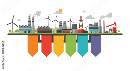 An illustration featuring diverse industrial facilities and various energy production methods, including factories, wind turbines, oil rigs, and power plants, with colorful banners.