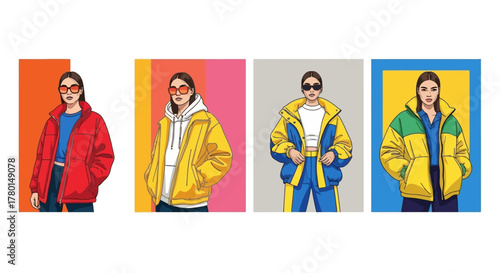 Fashion Illustration of Women Wearing Colorful Padded Jackets, Style Guide