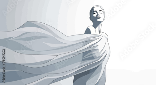 Woman Embracing Serenity with Flowing Fabric in Minimalist Style