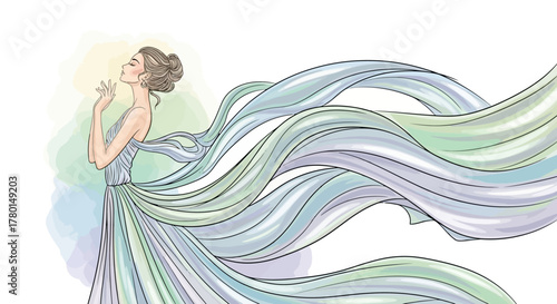 Woman in flowing dress illustration with gentle wave effect, graceful and ethereal