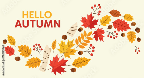 Hello Autumn Colorful Leaves and Berries in a Festive Fall Vector Design