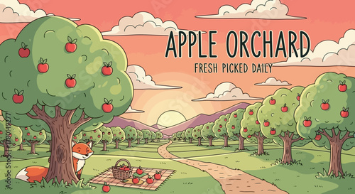 Scenic Apple Orchard Landscape with a Fox, Bountiful Trees, and a Harvest Picnic