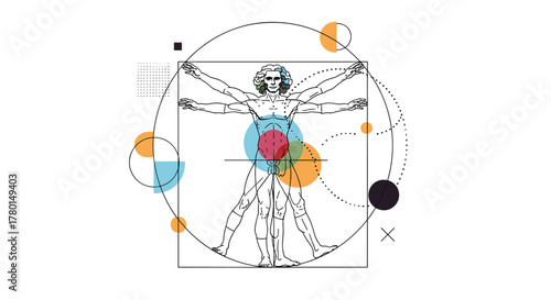 Modern abstract illustration of the Vitruvian Man, combining classical human anatomy with geometric shapes and colors, symbolizing balance, science, and design.
