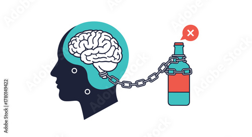 A visual metaphor showing a person's brain chained to an alcohol bottle with a 'no' sign, representing the struggle with alcohol addiction.
