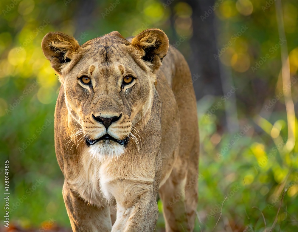 Fototapeta premium Close-up of a lioness walking, head-on, with captivating golden eyes
