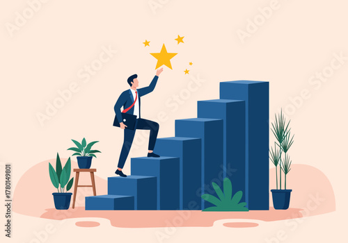 Vector illustration of an ambitious businessman climbing a staircase graph to reach for a star, symbolizing career growth, success, and achieving goals