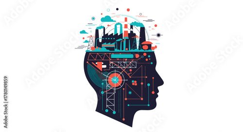 Conceptual image of industrial intelligence and innovation, featuring a human head silhouette filled with factory buildings and circuit patterns.