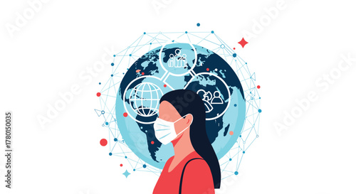 Woman in a face mask standing in front of a global network with interconnected icons, symbolizing digital communication and global health challenges during a pandemic.