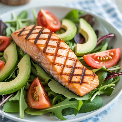 Grilled Salmon Salad with Avocado and Tomato Healthy Eating