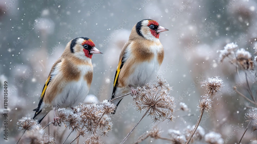 Obraz premium Two European goldfinches perched on frost-covered thistles during gentle snowfall, detailed feathers and golden wing bars in soft diffused winter light, serene and photorealistic wildlife scene