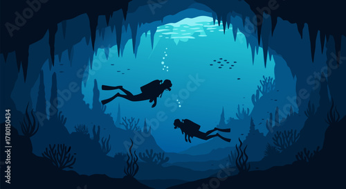 Underwater Exploration Two Divers Discover the Depths of a Mysterious Cave, Blue Silhouette Illustration