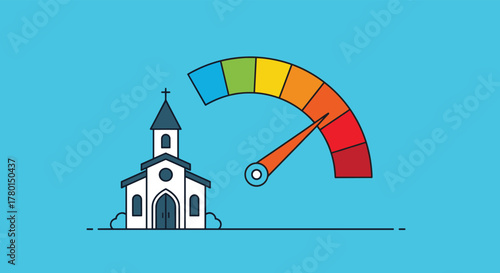 An illustration of a church building next to a colorful meter, with the needle indicating a high or critical level.