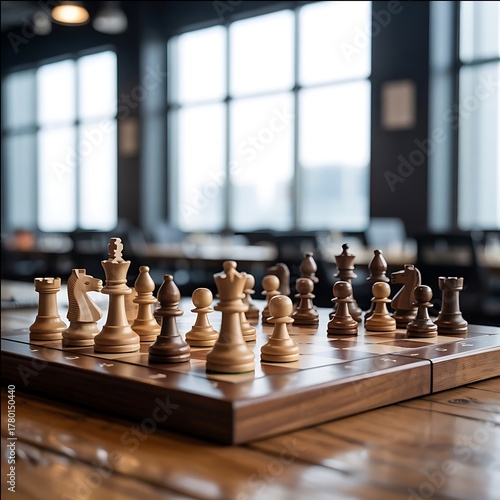 Wooden chess board game in restaurant with window light