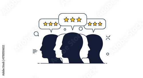 Concept of collective customer feedback, positive reviews, and user satisfaction depicted by head silhouettes and star ratings.