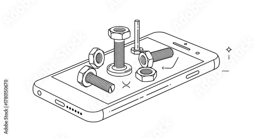 Line drawing of nuts and bolts resting on a smartphone screen, symbolizing the intersection of technology and mechanical assembly.