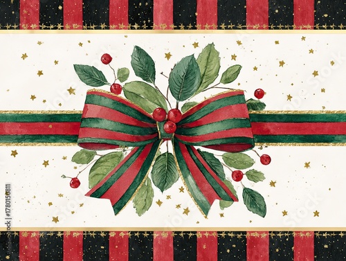 Classic Christmas bow with holly leaves and red berries tied in red and green striped ribbon on white background with black and gold stripes, elegant vintage festive decoration design.