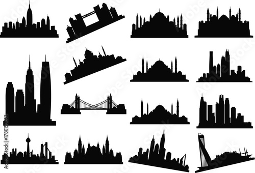 Global city skyline silhouette set, famous landmarks, architectural icons, black and white vector, cad drawing flat vector illustration
